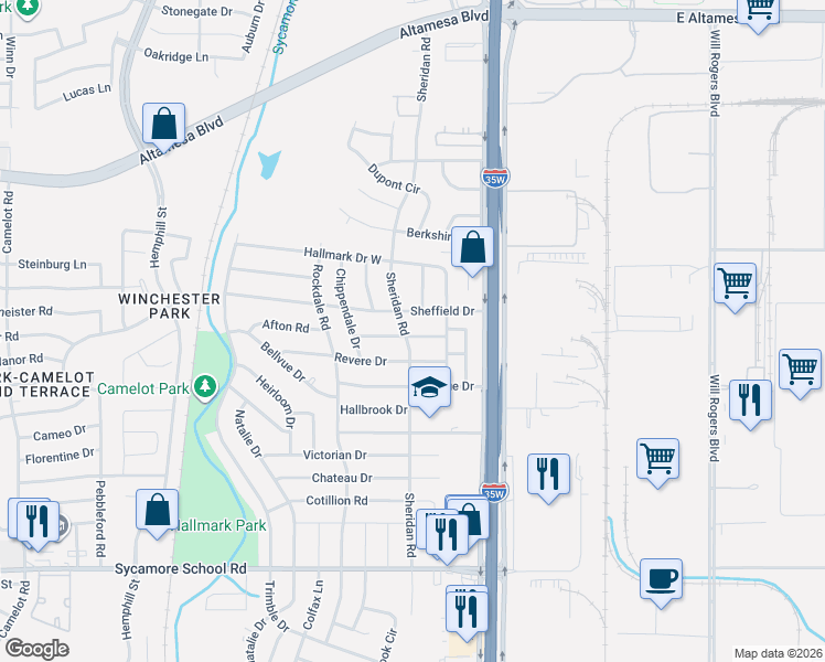 map of restaurants, bars, coffee shops, grocery stores, and more near 166 Afton Road in Fort Worth