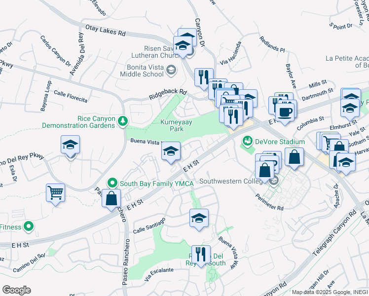 map of restaurants, bars, coffee shops, grocery stores, and more near 1337 Serena Circle in Chula Vista