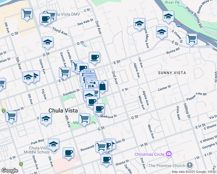 map of restaurants, bars, coffee shops, grocery stores, and more near 265 Del Mar Avenue in Chula Vista