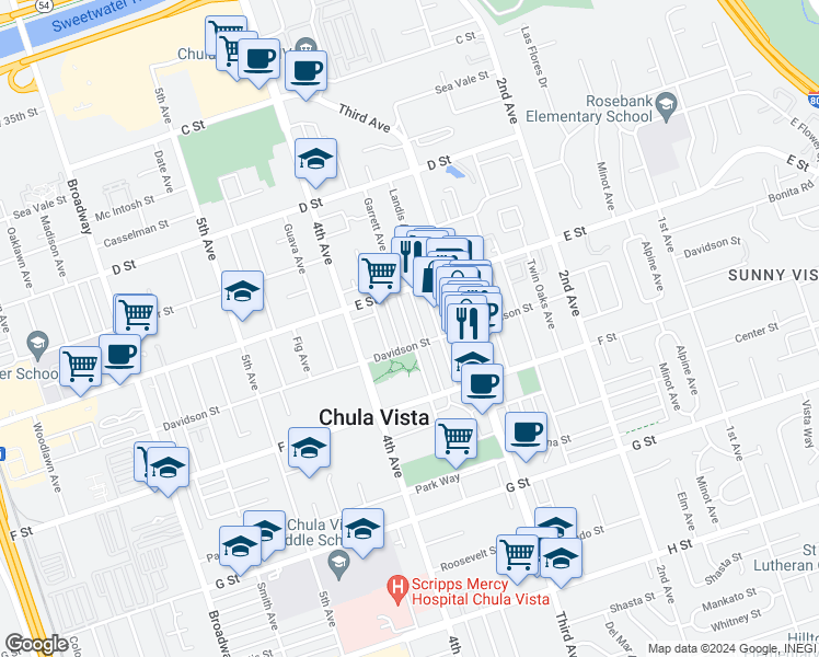 map of restaurants, bars, coffee shops, grocery stores, and more near 237 Garrett Avenue in Chula Vista