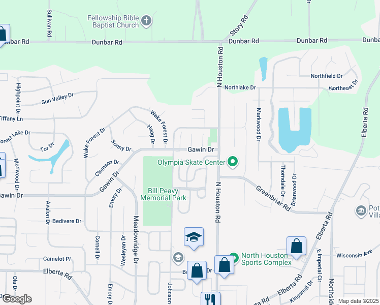 map of restaurants, bars, coffee shops, grocery stores, and more near 614 Gawin Drive in Warner Robins