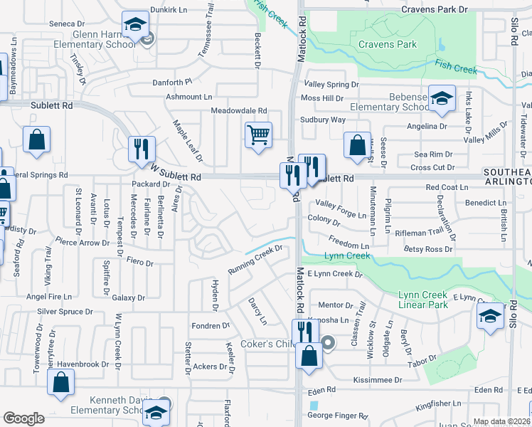 map of restaurants, bars, coffee shops, grocery stores, and more near 701 Stone Mesa Court in Arlington