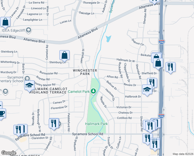 map of restaurants, bars, coffee shops, grocery stores, and more near 7020 Trimble Drive in Fort Worth