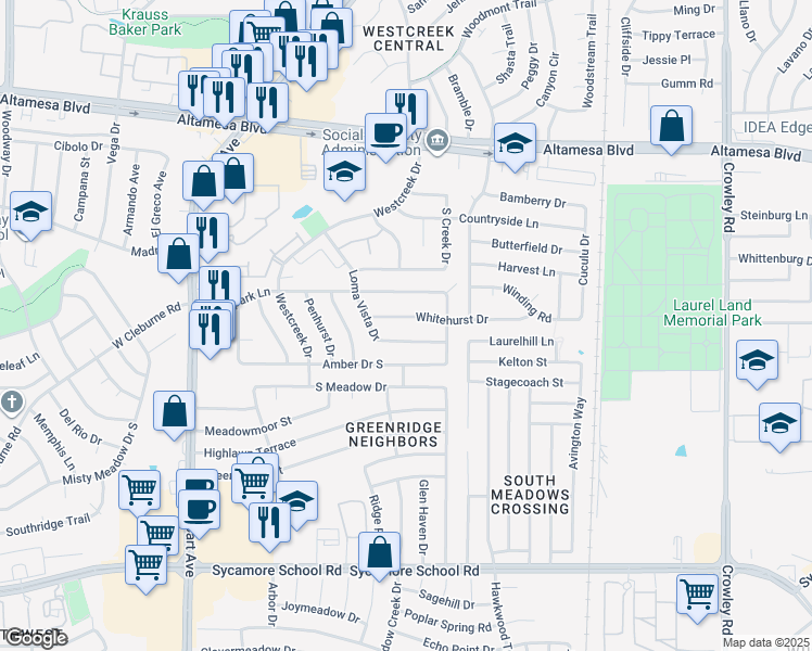 map of restaurants, bars, coffee shops, grocery stores, and more near 2717 Whitehurst Drive in Fort Worth