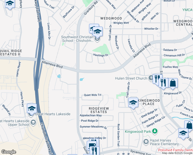 map of restaurants, bars, coffee shops, grocery stores, and more near 5349 Altamesa Boulevard in Fort Worth
