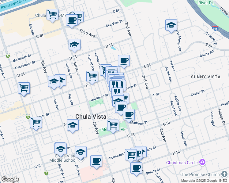 map of restaurants, bars, coffee shops, grocery stores, and more near 248 3rd Avenue in Chula Vista
