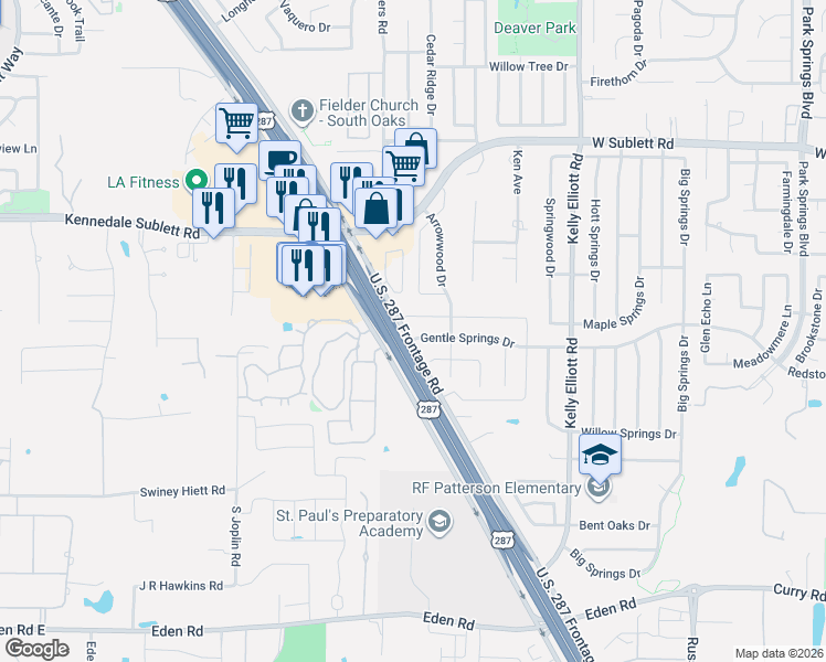 map of restaurants, bars, coffee shops, grocery stores, and more near 4615 Gentle Springs Drive in Arlington