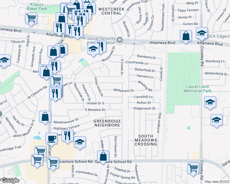 map of restaurants, bars, coffee shops, grocery stores, and more near 2717 Whitehurst Drive in Fort Worth