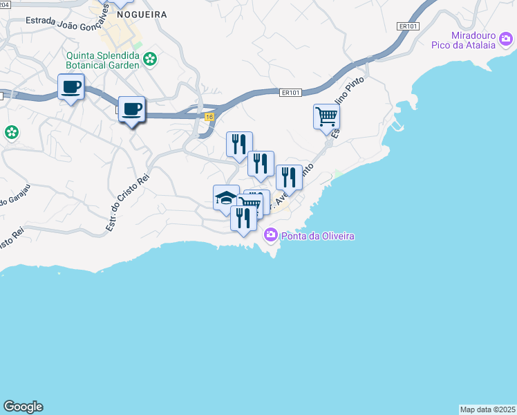 map of restaurants, bars, coffee shops, grocery stores, and more near Rua Dom Francisco Santana in Caniço