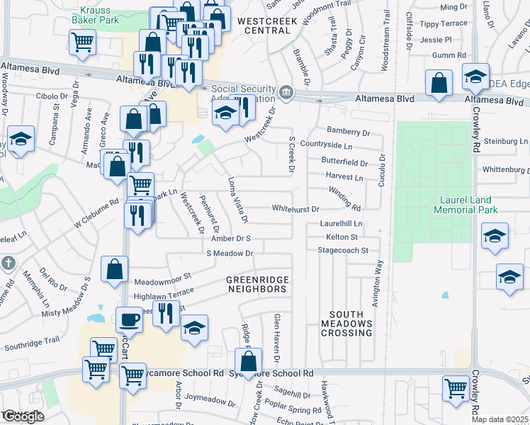 map of restaurants, bars, coffee shops, grocery stores, and more near 2717 Whitehurst Drive in Fort Worth