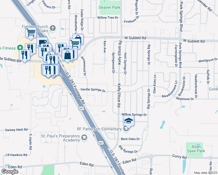 map of restaurants, bars, coffee shops, grocery stores, and more near 6241 Settlement Drive in Arlington