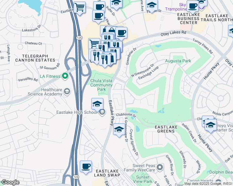 map of restaurants, bars, coffee shops, grocery stores, and more near 2272 Peachtree Circle in Chula Vista