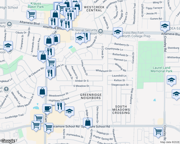 map of restaurants, bars, coffee shops, grocery stores, and more near 2813 Whitehurst Drive in Fort Worth