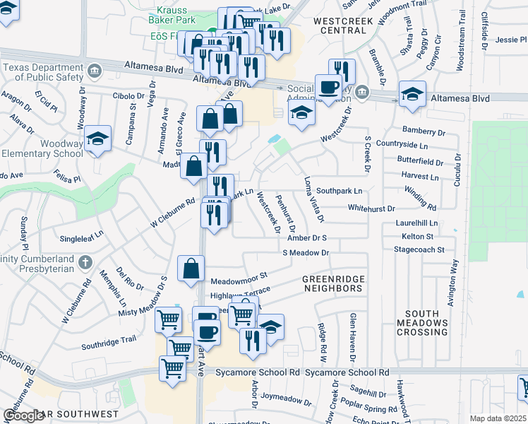 map of restaurants, bars, coffee shops, grocery stores, and more near 6820 Westcreek Drive in Fort Worth