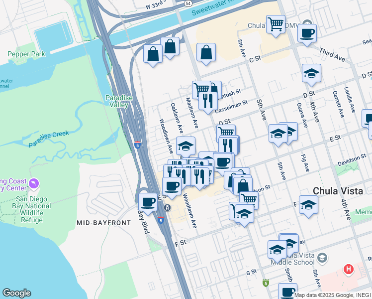 map of restaurants, bars, coffee shops, grocery stores, and more near 125 Oaklawn Avenue in Chula Vista