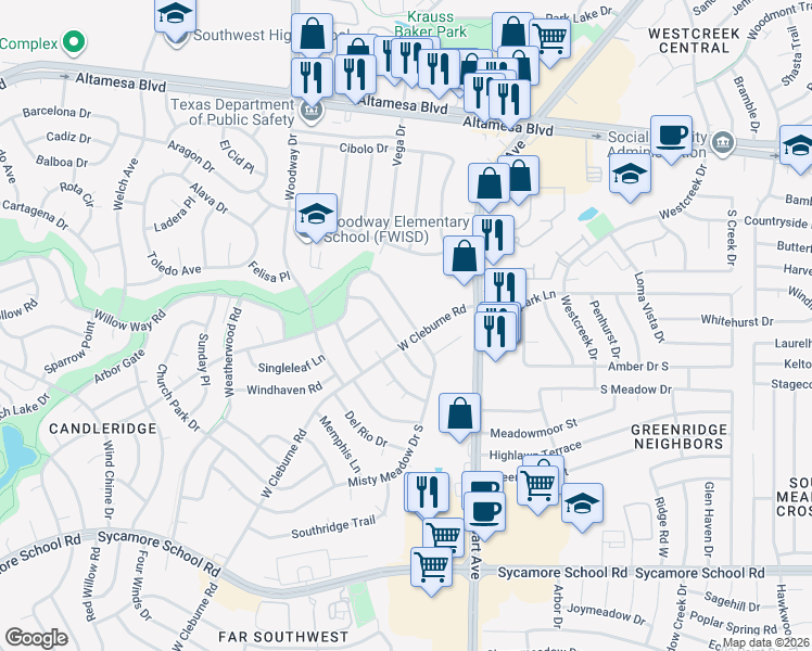 map of restaurants, bars, coffee shops, grocery stores, and more near 3709 Misty Meadow Drive in Fort Worth