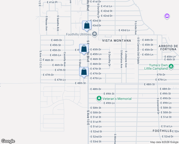 map of restaurants, bars, coffee shops, grocery stores, and more near 13108 East 47th Drive in Yuma