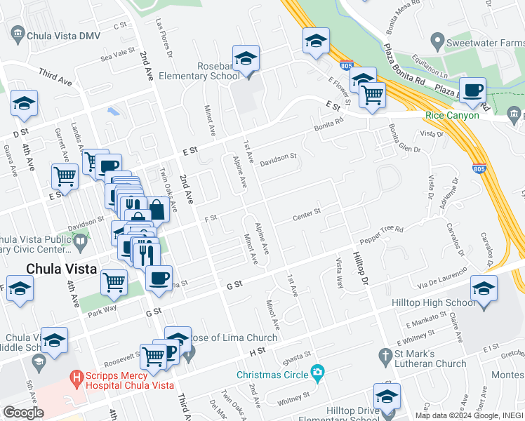 map of restaurants, bars, coffee shops, grocery stores, and more near 310 1st Avenue in Chula Vista