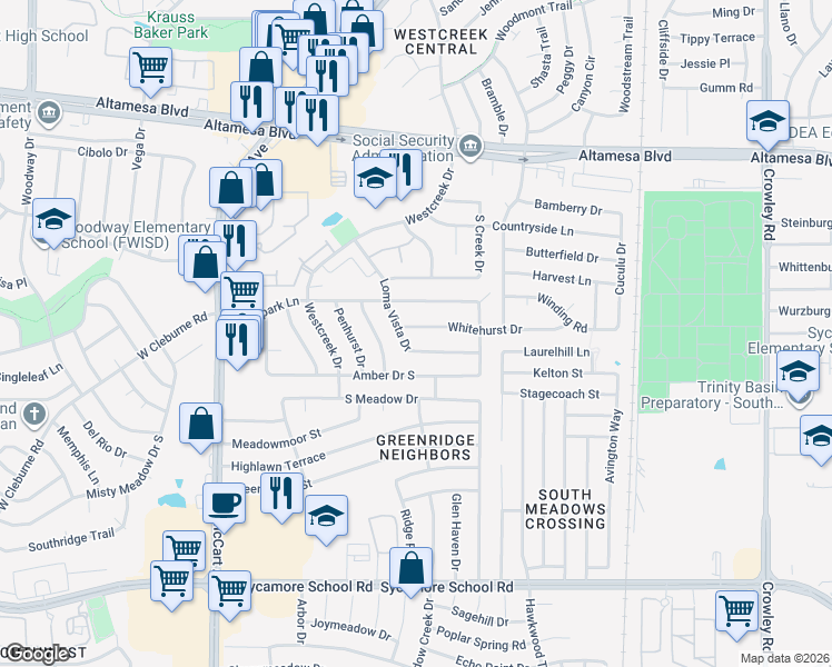 map of restaurants, bars, coffee shops, grocery stores, and more near 2817 Whitehurst Dr in Fort Worth