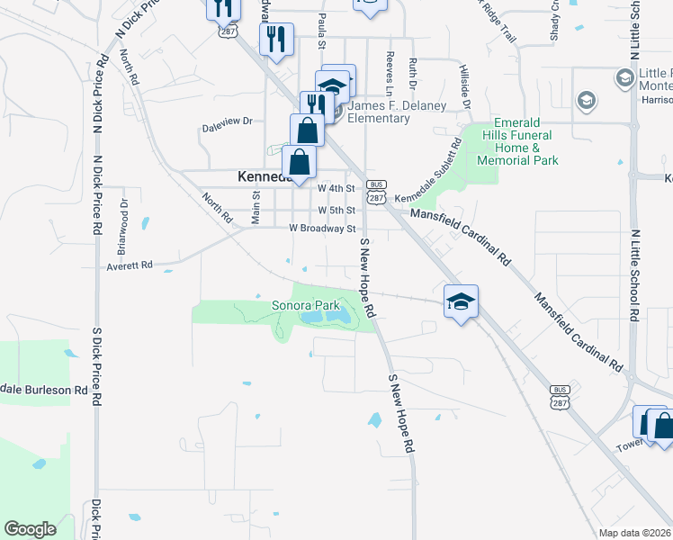 map of restaurants, bars, coffee shops, grocery stores, and more near 121 Mansfield Avenue in Kennedale