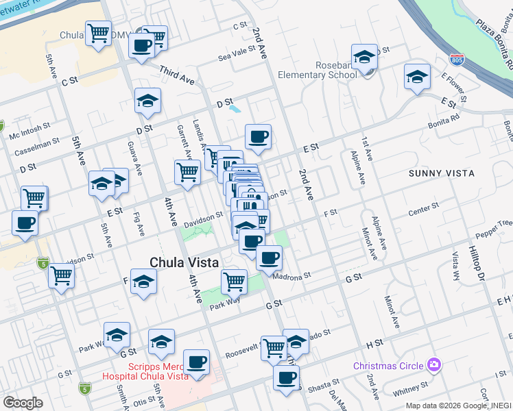map of restaurants, bars, coffee shops, grocery stores, and more near 257 Church Avenue in Chula Vista