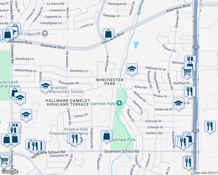 map of restaurants, bars, coffee shops, grocery stores, and more near 1108 Kielder Circle in Fort Worth