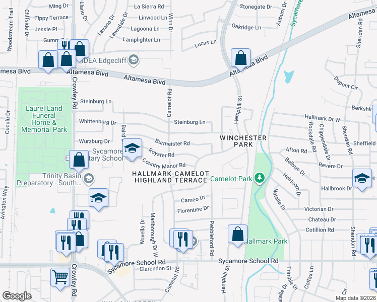 map of restaurants, bars, coffee shops, grocery stores, and more near 1304 Royster Road in Fort Worth