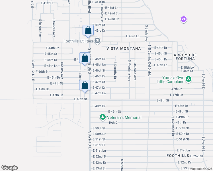 map of restaurants, bars, coffee shops, grocery stores, and more near 13100-13226 East 47th Drive in Yuma