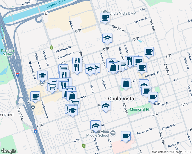 map of restaurants, bars, coffee shops, grocery stores, and more near 479 County Highway S17 in Chula Vista