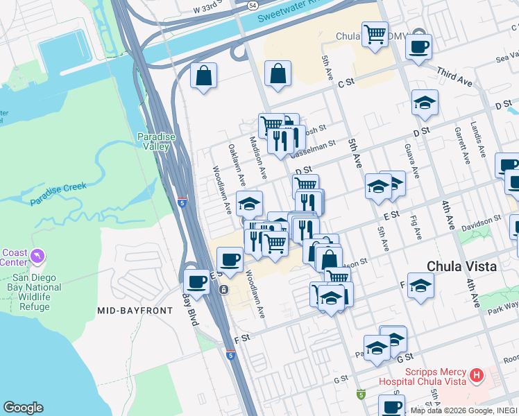map of restaurants, bars, coffee shops, grocery stores, and more near 135 Jefferson Avenue in Chula Vista