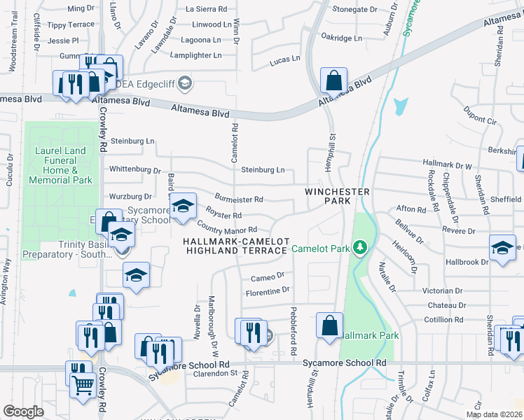 map of restaurants, bars, coffee shops, grocery stores, and more near 1304 Royster Road in Fort Worth