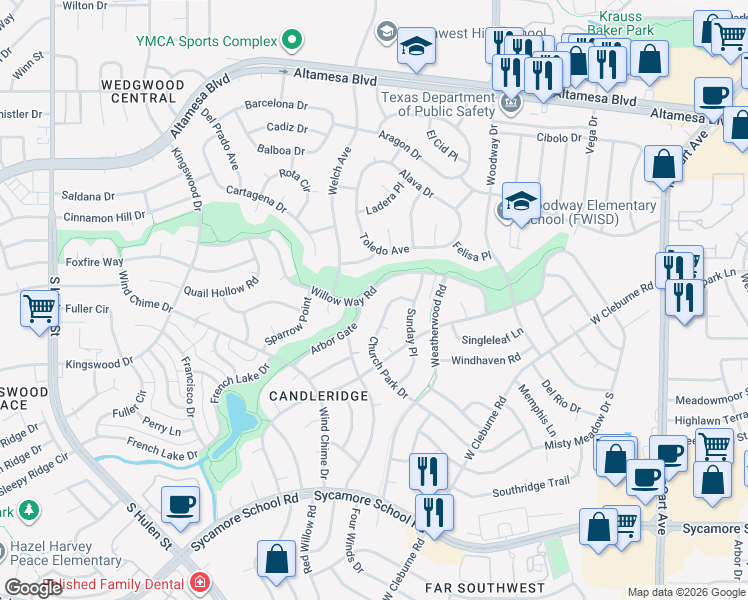 map of restaurants, bars, coffee shops, grocery stores, and more near 6916 Church Park Drive in Fort Worth