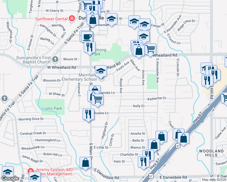 map of restaurants, bars, coffee shops, grocery stores, and more near 311 East Magnolia Lane in Duncanville