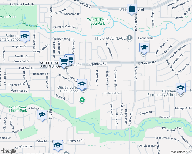 map of restaurants, bars, coffee shops, grocery stores, and more near 6316 Plainview Drive in Arlington