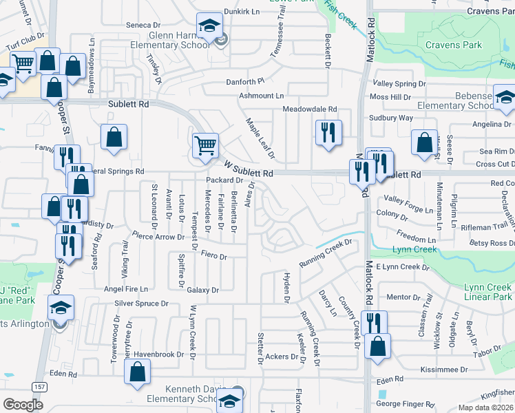 map of restaurants, bars, coffee shops, grocery stores, and more near 6230 Brookhaven Trail in Arlington