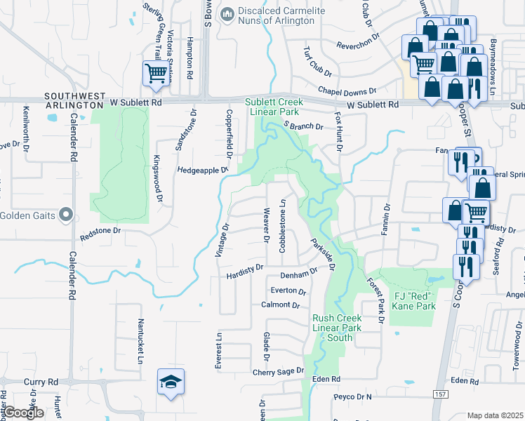 map of restaurants, bars, coffee shops, grocery stores, and more near 6309 Weaver Drive in Arlington