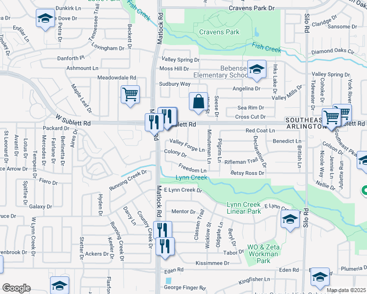 map of restaurants, bars, coffee shops, grocery stores, and more near 206 Valley Forge Lane in Arlington