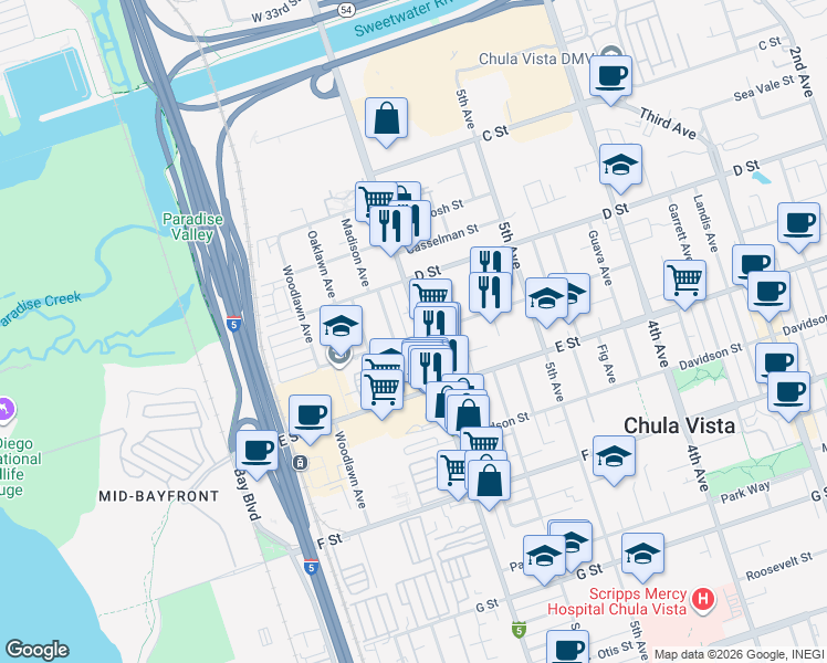 map of restaurants, bars, coffee shops, grocery stores, and more near 148 Broadway in Chula Vista