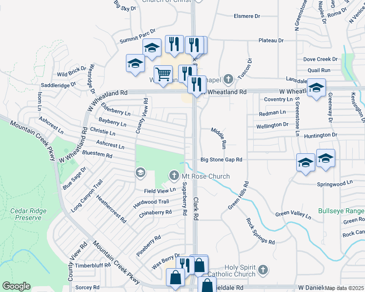 map of restaurants, bars, coffee shops, grocery stores, and more near 7101 Christie Lane in Dallas