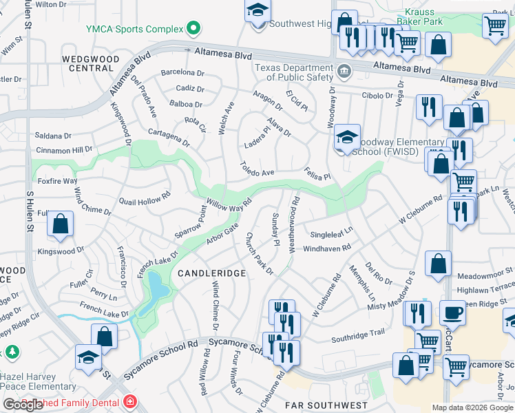 map of restaurants, bars, coffee shops, grocery stores, and more near 6916 Church Park Drive in Fort Worth