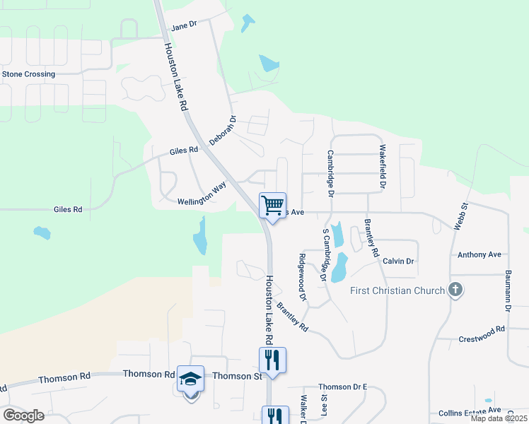 map of restaurants, bars, coffee shops, grocery stores, and more near 1100 Collins Avenue in Warner Robins