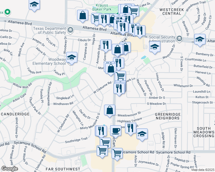 map of restaurants, bars, coffee shops, grocery stores, and more near 6907 West Cleburne Road in Fort Worth