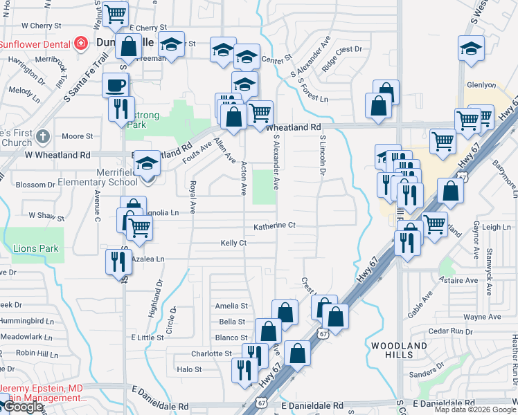 map of restaurants, bars, coffee shops, grocery stores, and more near 515 East Magnolia Lane in Duncanville