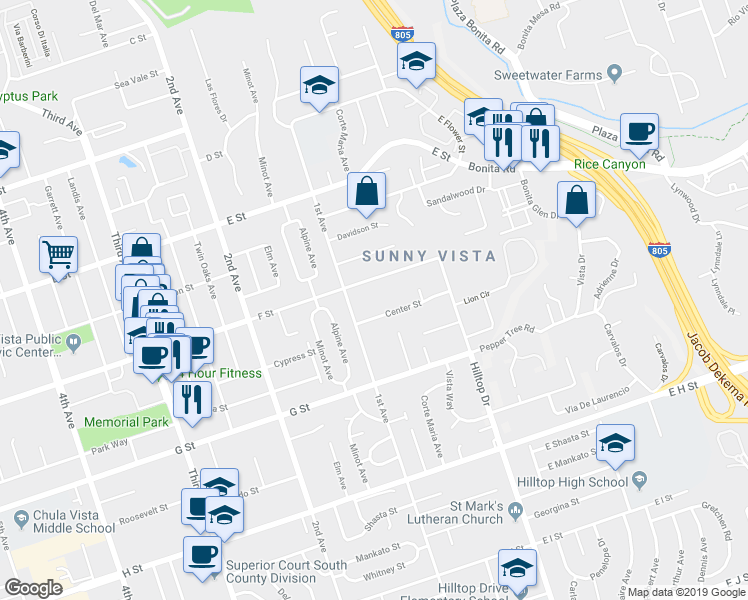 map of restaurants, bars, coffee shops, grocery stores, and more near 74 F Street in Chula Vista