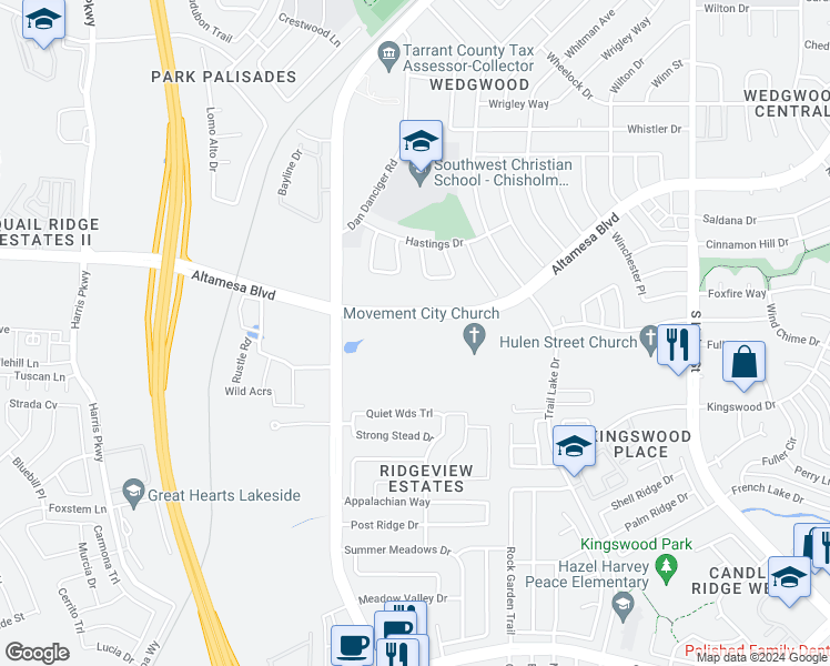 map of restaurants, bars, coffee shops, grocery stores, and more near 5417 Altamesa Boulevard in Fort Worth