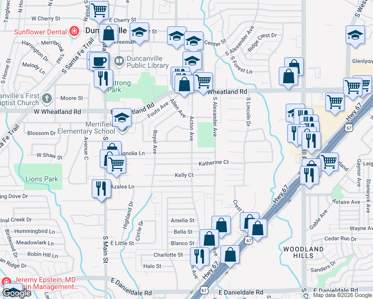 map of restaurants, bars, coffee shops, grocery stores, and more near 447 East Magnolia Lane in Duncanville