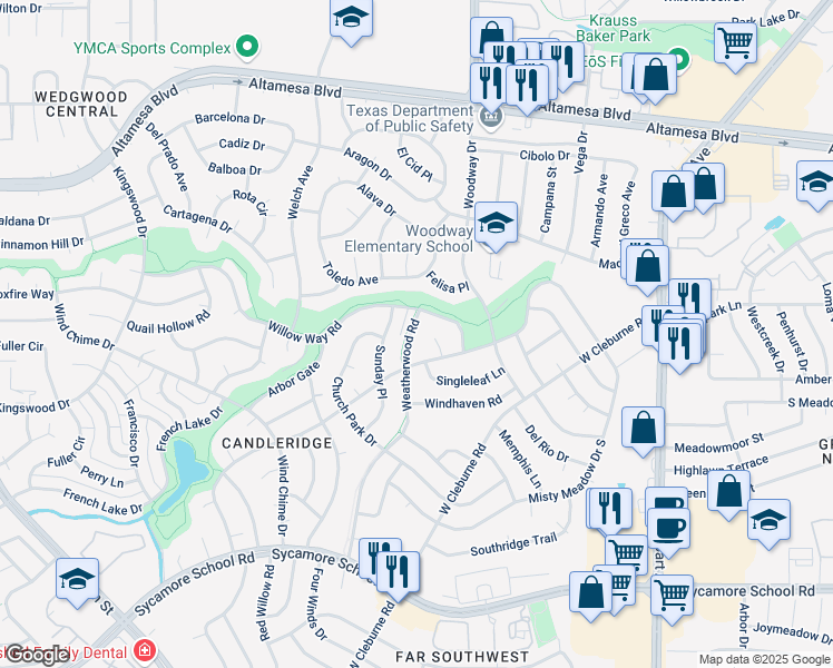 map of restaurants, bars, coffee shops, grocery stores, and more near 6913 Weatherwood Road in Fort Worth