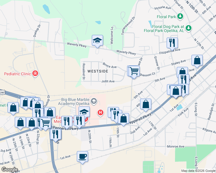 map of restaurants, bars, coffee shops, grocery stores, and more near Winston Street in Opelika