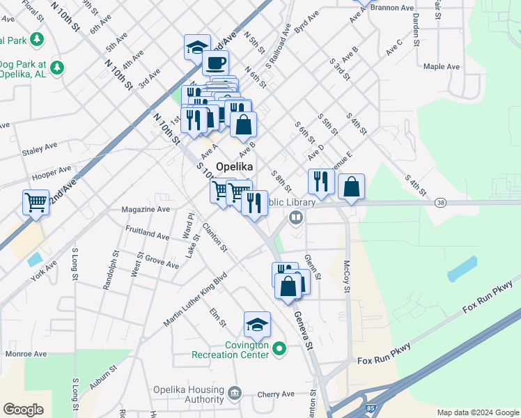 map of restaurants, bars, coffee shops, grocery stores, and more near 500 Geneva Street in Opelika