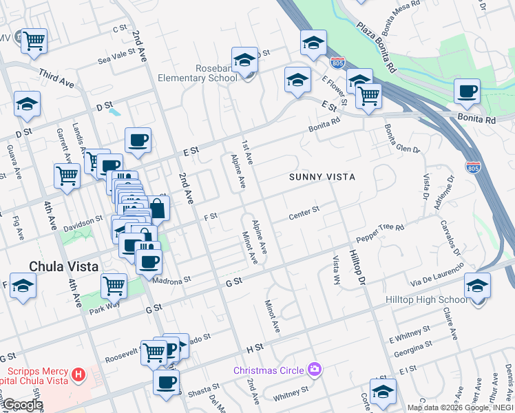 map of restaurants, bars, coffee shops, grocery stores, and more near 310 1st Avenue in Chula Vista